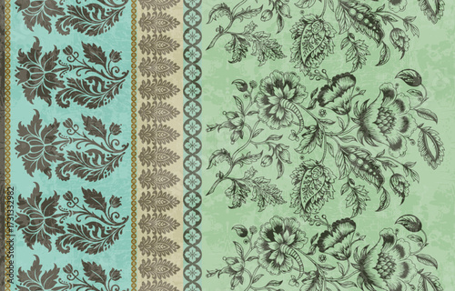 floral pattern vintage ethnic modern embroidery texture boho design vector illustration hand drawn pink flower motif branches leaves wallpaper seamless background border.