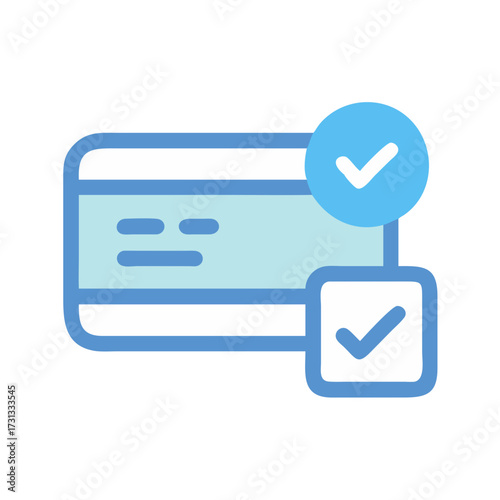 Credit card icon with check marks confirmation flat design