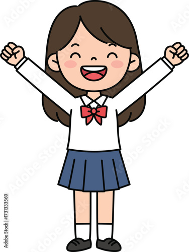 Excited schoolgirl celebrating with arms raised in a joyful gesture, happy expression