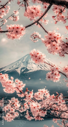 Pink cherry blossoms frame Fuji mountain