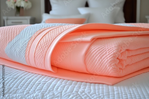 Peach and white quilted bedding on a bed