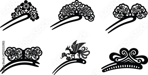 Traditional hairpins, antique jewelry, floral design, phoenix motif, ornamental accessories, vintage style, cultural heritage, handcrafted art, decorative fashion, elegant beauty