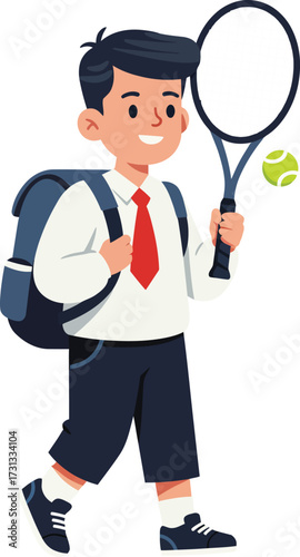 Enthusiastic young student ready for school and after-class sports activities with backpack and tennis gear