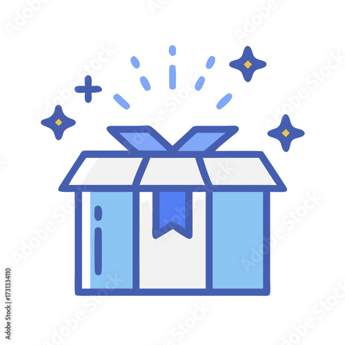 Open gift box illustration with stars on black background