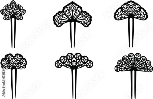 Traditional vintage hairpins, ornamental black silhouette hair accessories, floral and fan designs, cultural ceremonial style, antique decorative hair jewelry