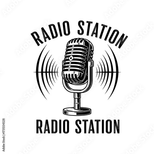 Slika na platnu Black and white illustration of a vintage microphone with radio waves, representing a radio station