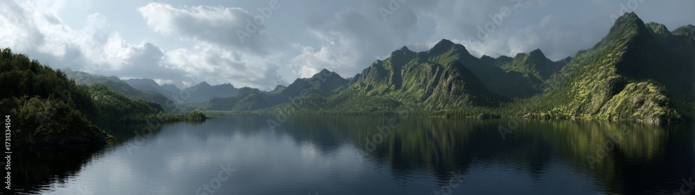 Fototapeta premium Serene nature landscape panorama mountainous lake hdr environment tranquil view