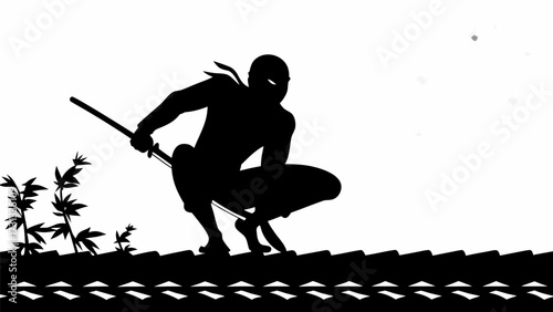 Silhouette of a ninja crouching with a sword near bamboo plants against a white background in a cartoon style