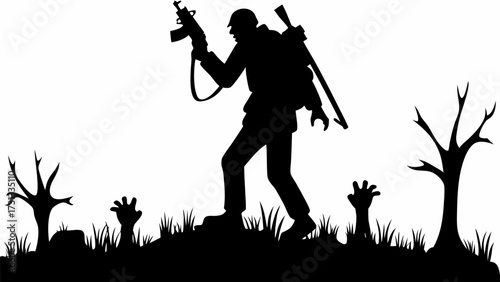 A silhouette of a soldier with a rifle walking through a zombie infested graveyard with dead trees around