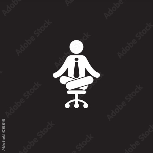 A person meditating while sitting on a rolling office chair against a solid black background. The figure is in a cross-legged position with a tie, suggesting a blend of professional life.