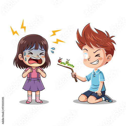 A mischievous boy playfully teases a distressed girl with creepy crawling caterpillars on a stick, illustrating a classic childhood prank and the emotional contrast of fear and amusement