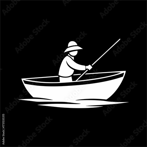 Fisherman with a fishing rod in a boat - cut out vector silhouette
