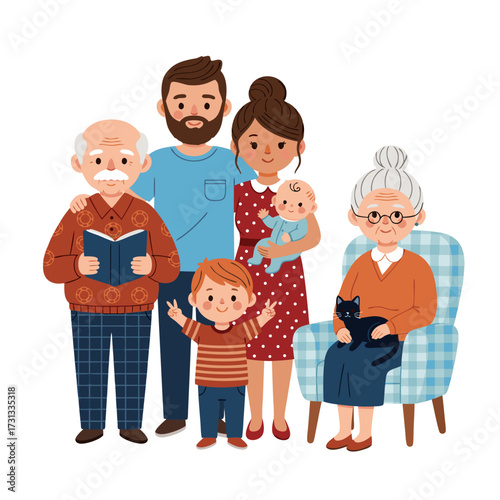 A heartwarming cartoon illustration of a large, happy multi-generational family portrait showing grandparents, parents, children, and a baby united together