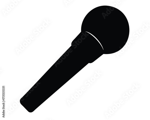 Simple black silhouette illustration of a classic handheld microphone on white
