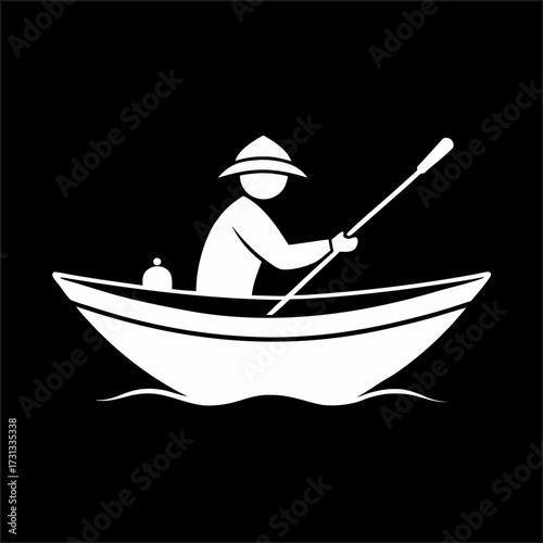 Fisherman with a fishing rod in a boat - cut out vector silhouette
