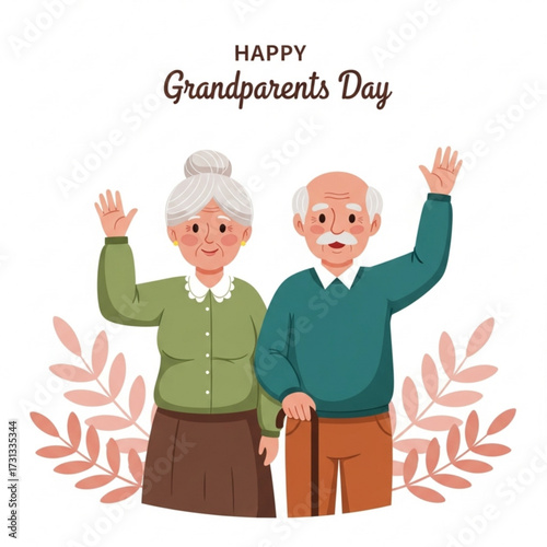 A lovely elderly couple, grandmother and grandfather, smiling and waving together in a heartwarming illustration for a special family celebration