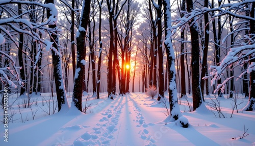 A serene winter landscape at sunset, featuring a forest of tall trees blanketed in snow under the warm glow of the setting sun.