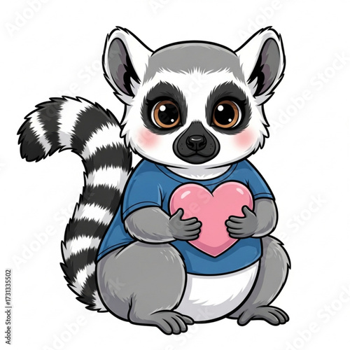 Cute Ring-Tailed Lemur Illustration Holding a Pink Heart Symbol, Expressing Love and Affection with its Adorable Charm and Playful Demeanor, Ideal for Valentine's Day and Animal Lovers