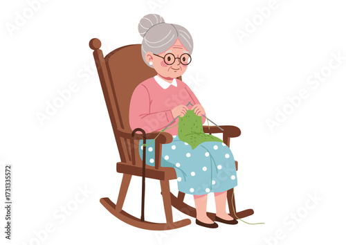 A serene senior woman engaged in the comforting art of knitting, seated in a traditional rocking chair, illustrating a beloved generational pastime and quiet leisure