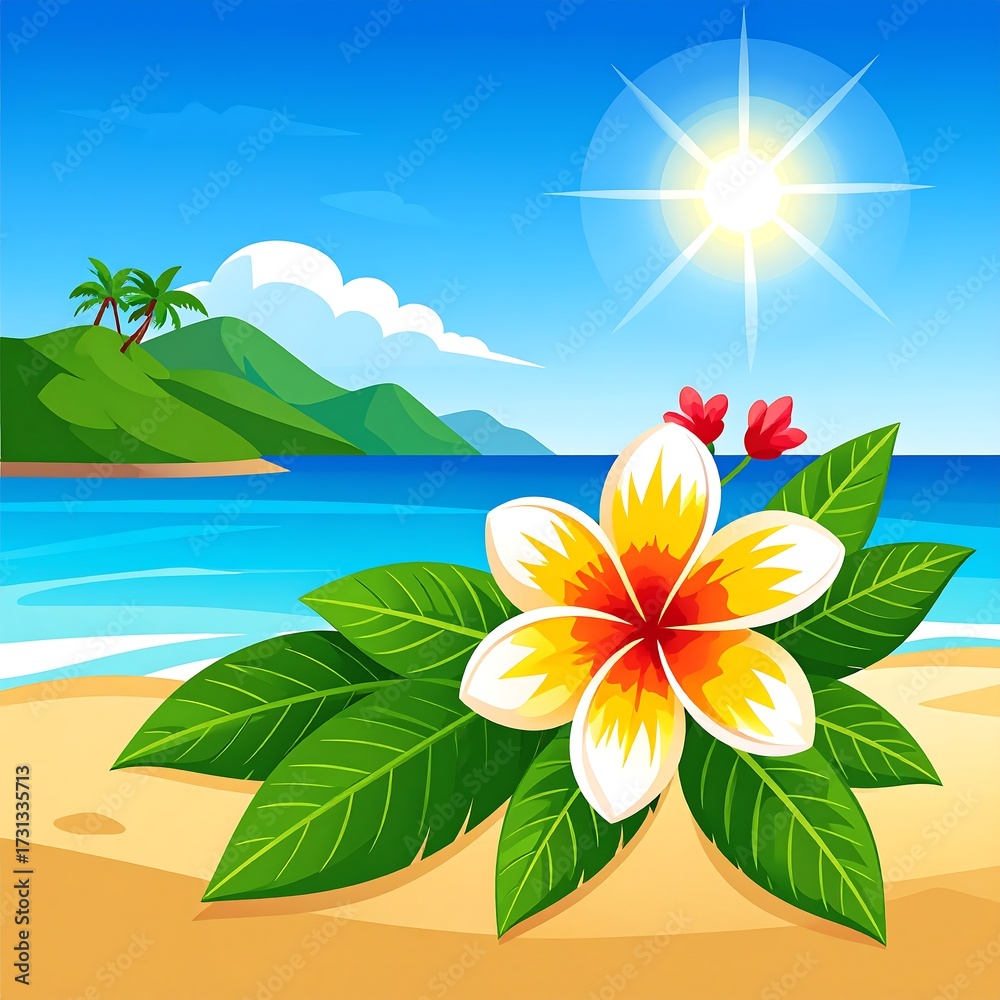 Fototapeta premium Tropical flower on a sunny beach scene