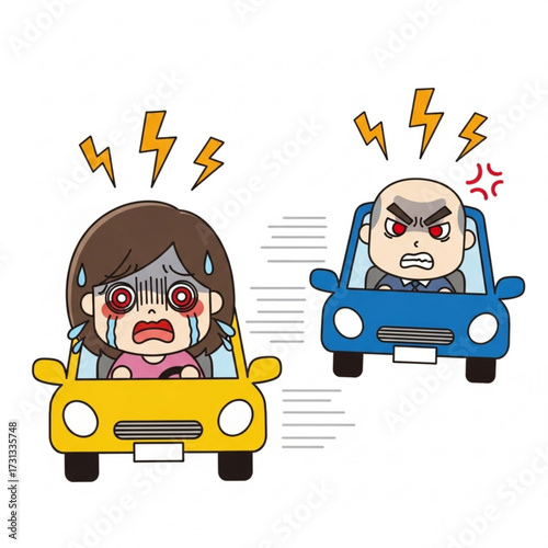 Illustration of two cars driving with angry and upset drivers expressing road rage and frustration while on the road