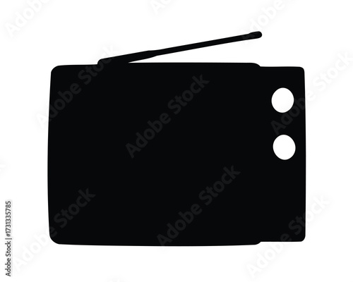 Retro television illustration, black silhouette of vintage TV with antenna and knobs