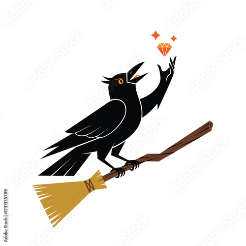 Clever crow flying on broomstick attempts to grab floating diamond gemstones high up vector illustration