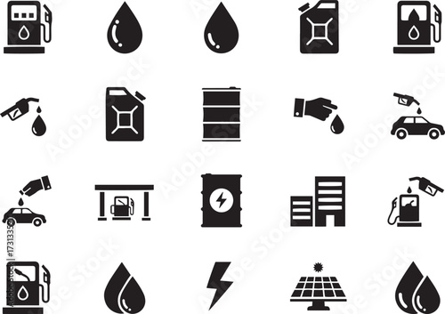 Set of energy and fuel icons simple black glyph vector design elements isolated on white background