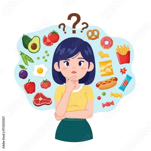 Dietary dilemma concept with a thoughtful woman choosing between healthy organic foods and processed unhealthy junk food snacks, a difficult nutrition decision