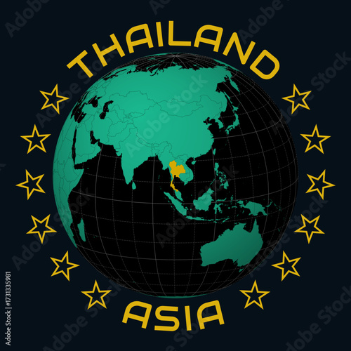 Thailand on Globe. Round country and continent name text. Country view on world map in Black Emerald color palette. Thailand shape on map. Vibrant vector illustration.