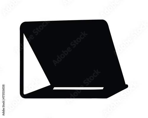 Black silhouette drawing of a display device with a partially open lid