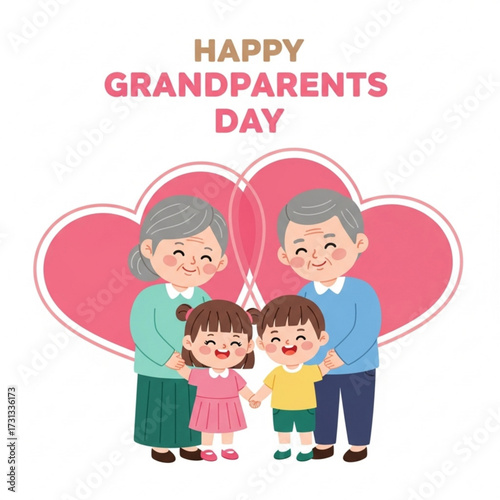 A heartwarming cartoon illustration of a happy family celebrating a special occasion, featuring a loving senior couple with their adorable grandchildren