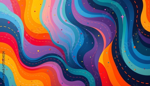 An abstract digital art piece. It features vibrant colors, predominantly blues, purples, and reds. There are swirling lines that create a sense of motion or energy across the canvas