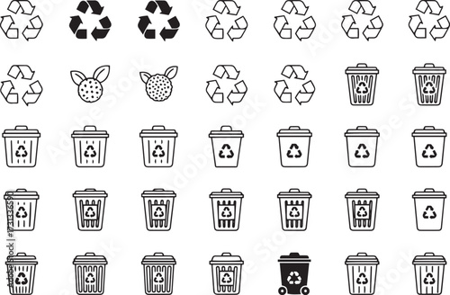 Set of recycling and waste management icons simple line art vector symbols for environmental awareness isolated on white background