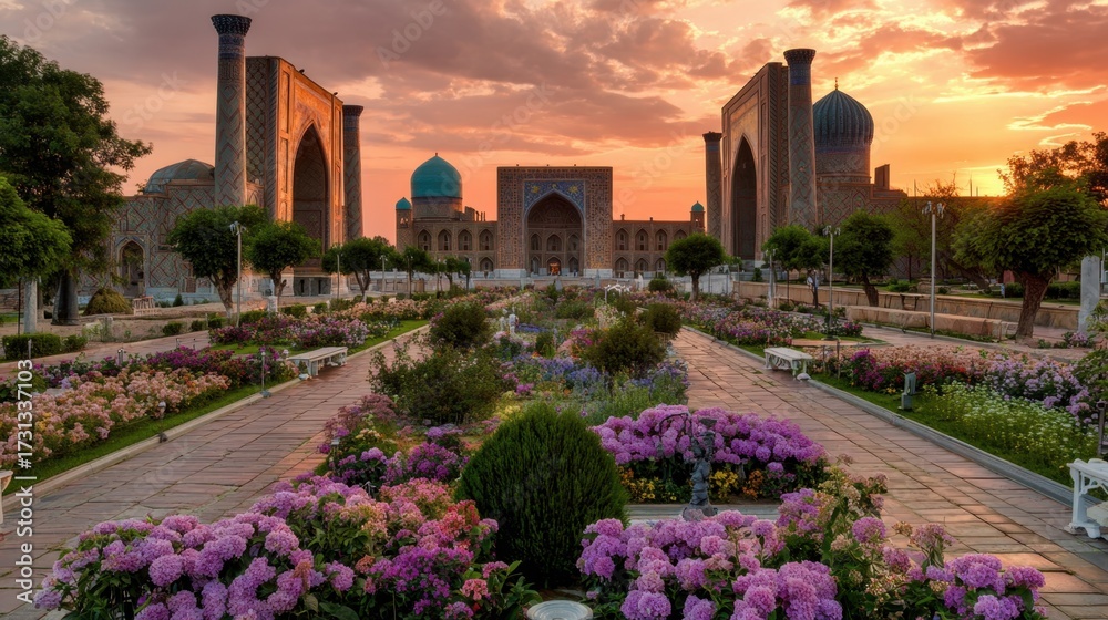 Obraz premium Beautiful garden with colorful flowers leading to historic architectural structures at sunset