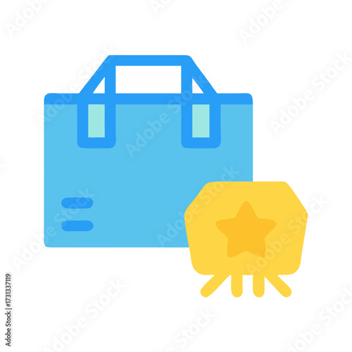 Blue package with award badge on a black backdrop