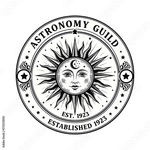 A vintage black and white circular logo for the Astronomy Guild, established in 1923, featuring a sun with a human face and a crescent moon.