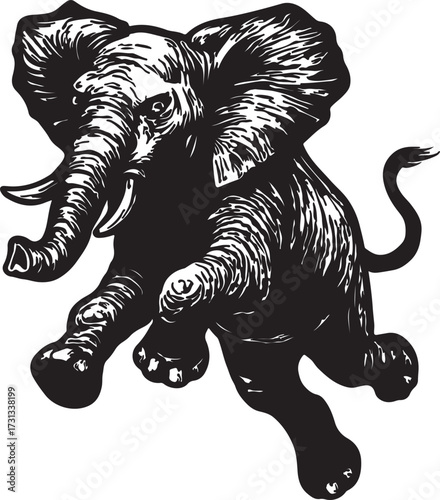 Powerful african elephant charging forward with tusks and trunk raised in a dynamic black and white illustration