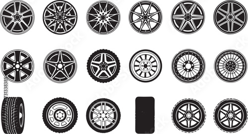 Set of car wheel icons various styles of rims and tires vector design elements isolated on white background