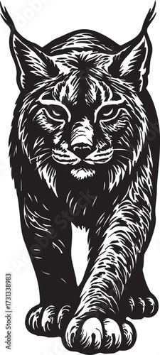 Intense frontal view of a fierce lynx cat with tufted ears and determined stare in black and white woodcut style