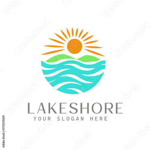 Stylized Sun, Hill, and Lake Waves Logo design vector