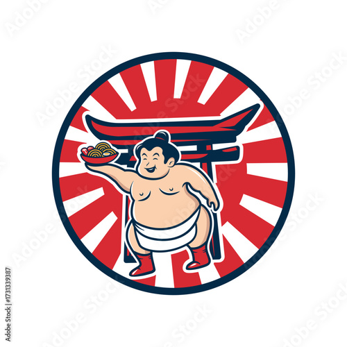 Happy Sumo Wrestler Serving Ramen Logo Design vector