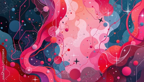 A vibrant abstract digital art piece with a cosmic theme, characterized by swirling patterns, colorful blobs, and streaks that suggest movement
