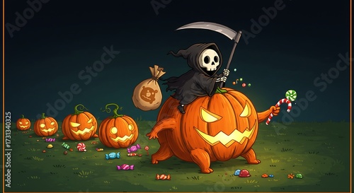 Halloween illustration grim reaper riding pumpkin with candy and treats