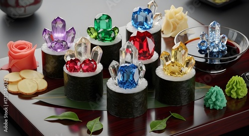 Crystal Sushi: Gemstone Topped Rolls with Wasabi and Ginger on Dark Wood Surface