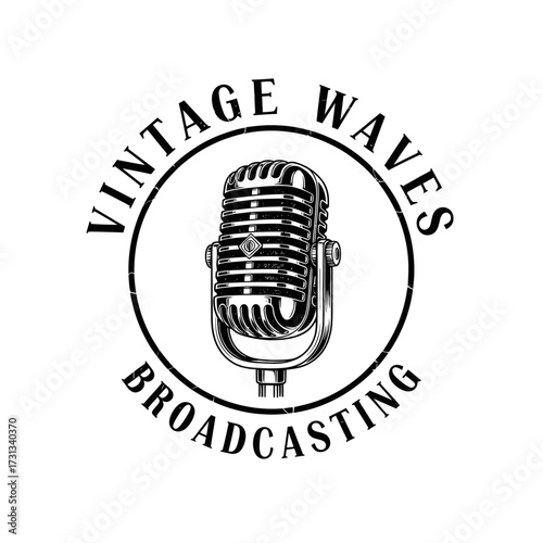 Black and white vintage microphone logo with 'Vintage Waves Broadcasting' text in a circular emblem, featuring a classic broadcast design.