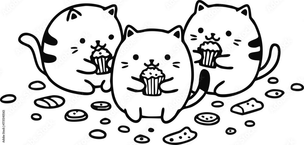 Fototapeta Digital art in the style of kawaii shows three chubby cats holding cupcakes amidst scattered cookies, creating a cheerful, lighthearted, and playful scene.
