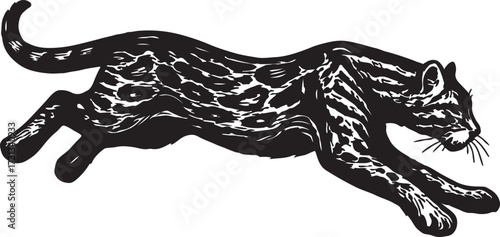 Dynamic black panther illustration in a powerful leaping pose against a white background showcasing its spotted coat and sleek musculature
