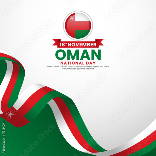 Oman national day greeting card, square banner background with warving ribbon flag