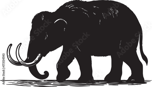 Silhouette of a prehistoric woolly mammoth with large tusks walking across a textured ground surface